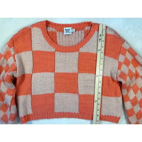 Princess Polly Orange Pink Check Sweater Balloon Sleeve Crop Top Small - Picture 6 of 7